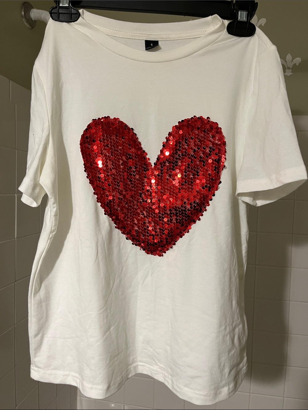 White Tee with Red Sequin Heart